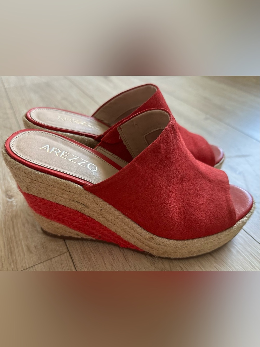 AREZZO- Red Suede Wedge Mules-Peep Toes W/ an inner elastic for wider feet